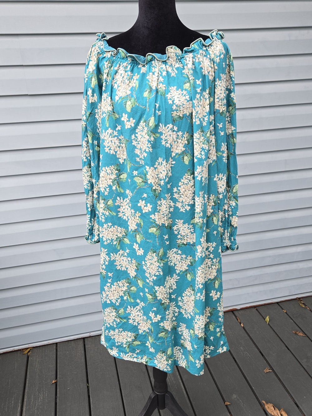 Casey Marks Floral Off The Shoulder Midi Dress M | Teal Blue Cotton Cottagecore